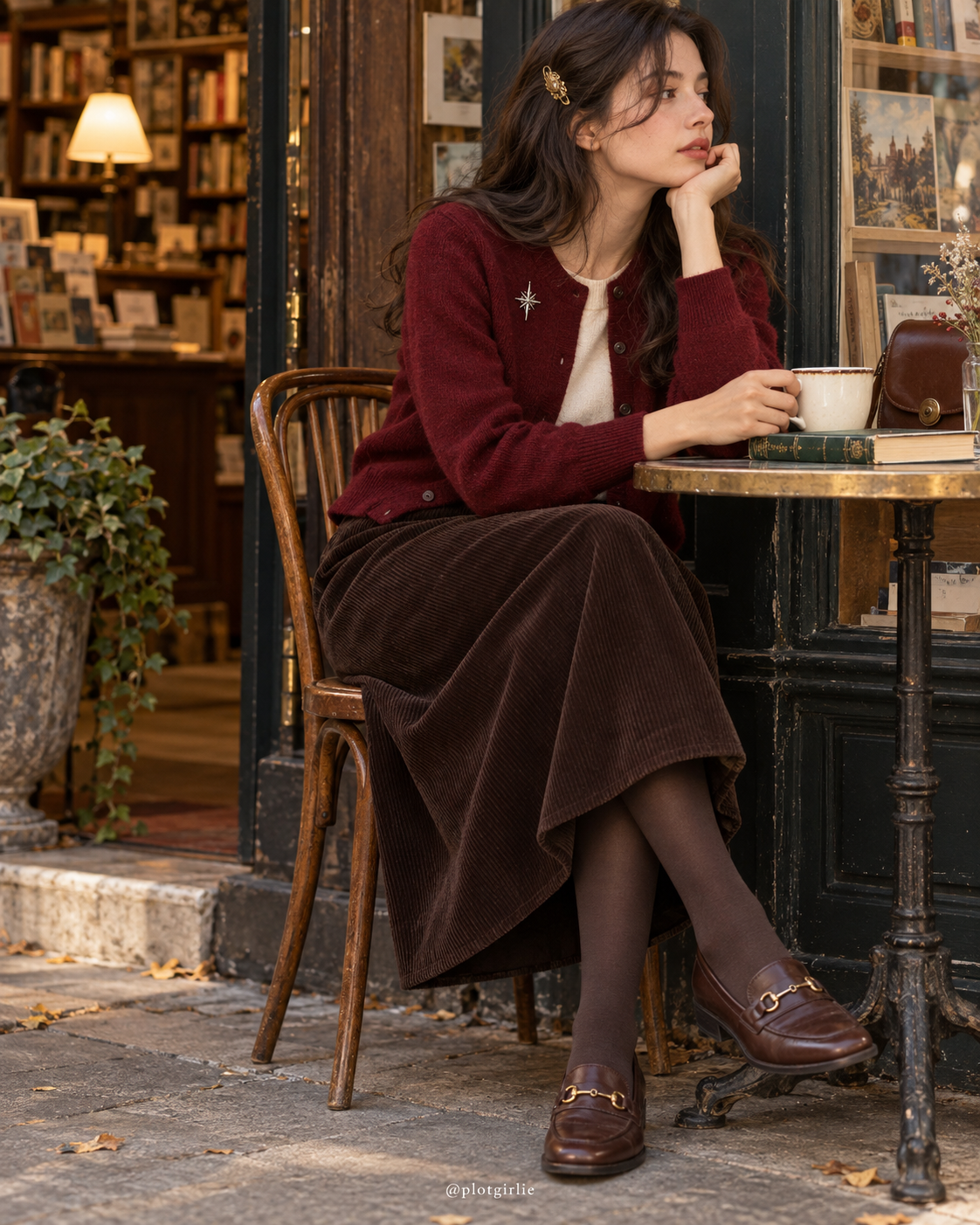 Burgundy cardigan with silver star brooch, brown skirt and loafers