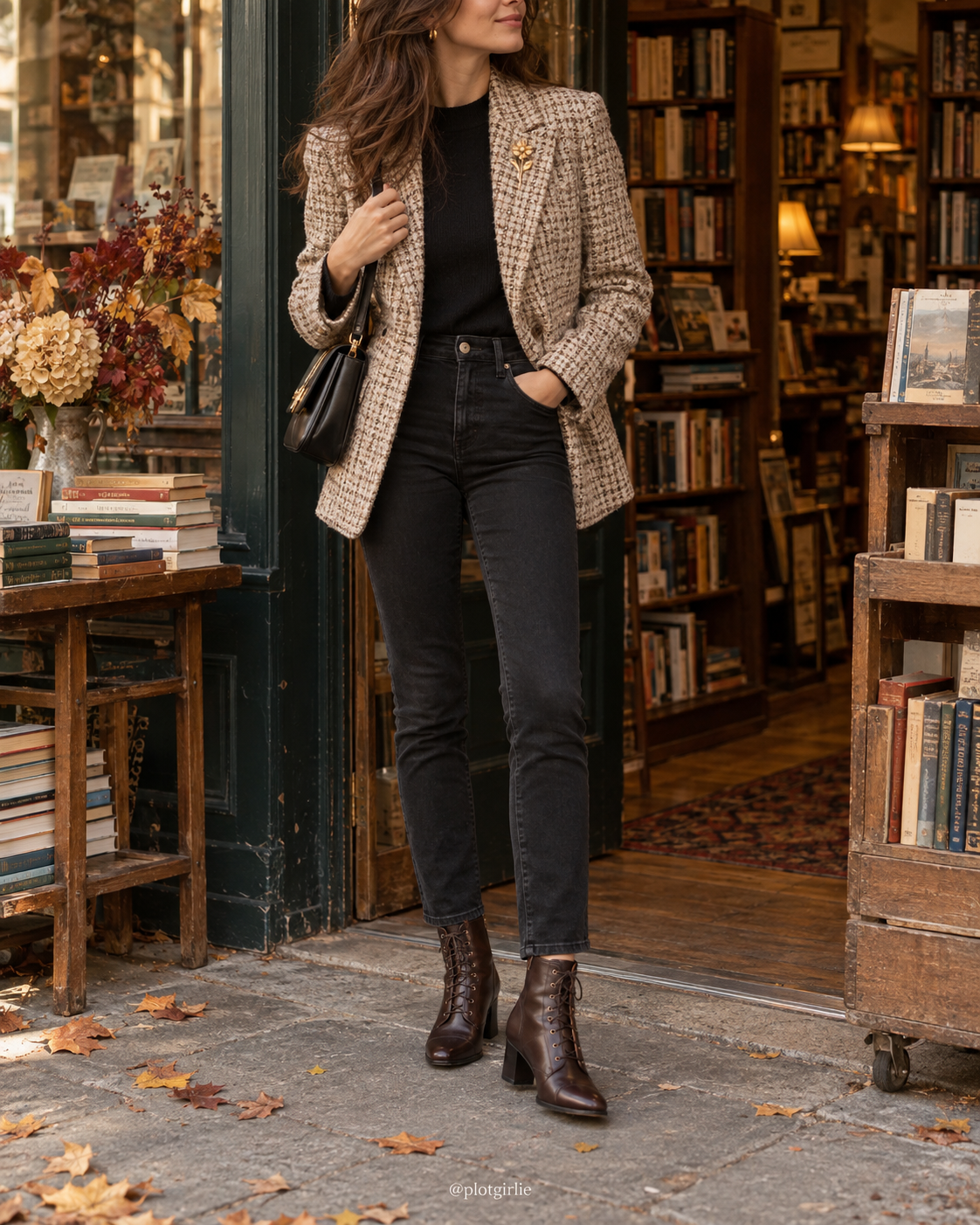 Cream tweed blazer with gold flower brooch, black jeans and brown boots