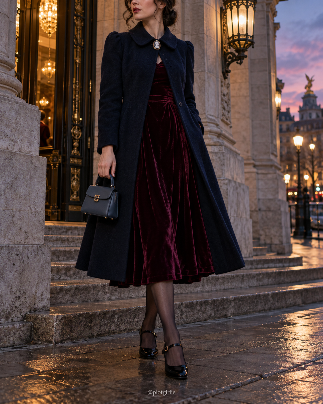 Navy coat with cameo brooch over burgundy velvet dress and Mary Janes