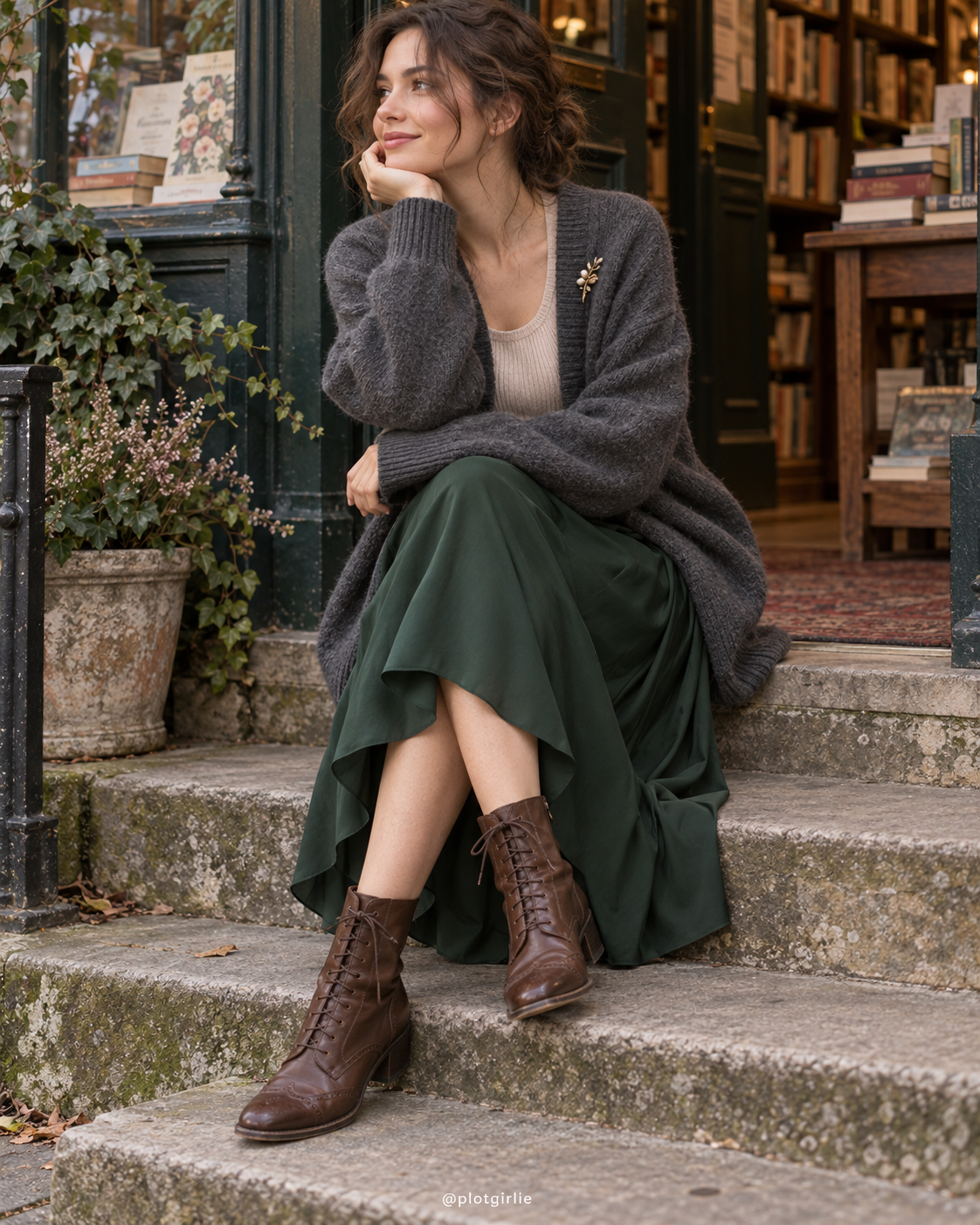 Slate cardigan with pearl brooch, green midi skirt and brown boots