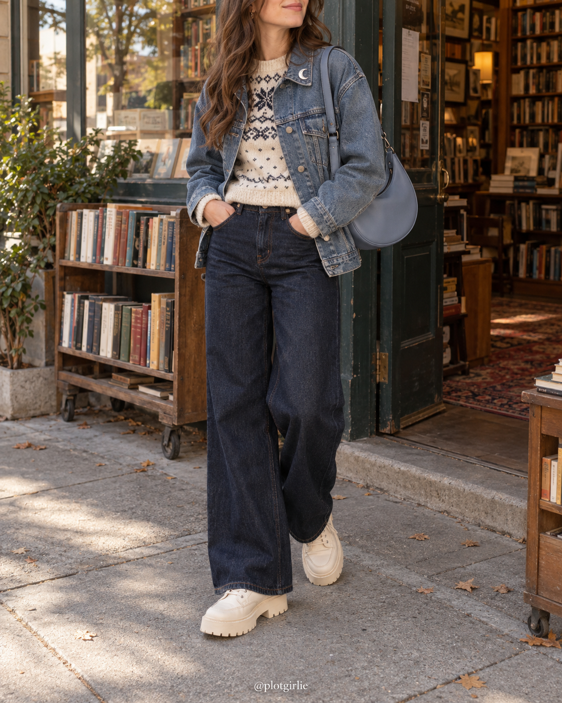 Denim jacket with silver crescent brooch, patterned sweater and dark jeans