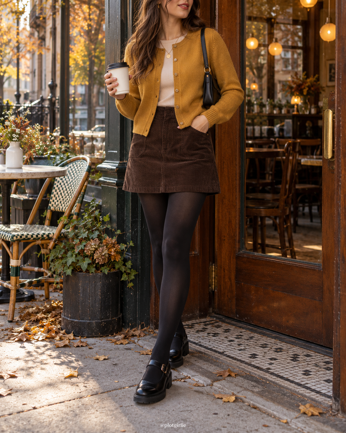 Mustard cardigan, brown corduroy skirt, black tights and Mary Janes