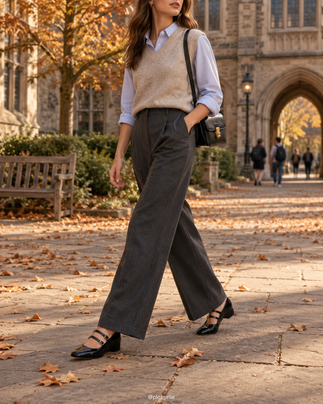 Charcoal trousers, oatmeal sweater vest, blue shirt and black Mary Janes