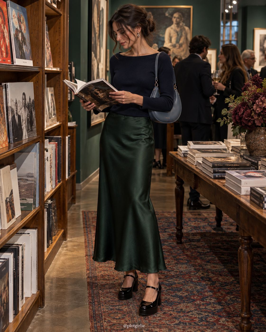 Forest-green satin midi skirt, navy knit, black Mary Janes and slate-blue bag