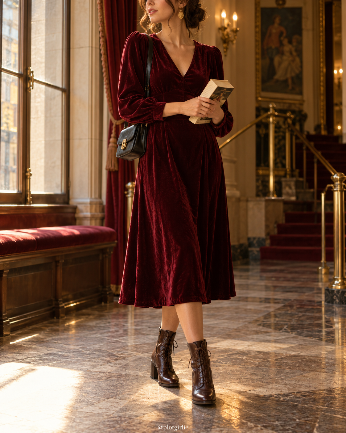 Wine velvet midi dress, brown boots and black purse in a warm theater foyer