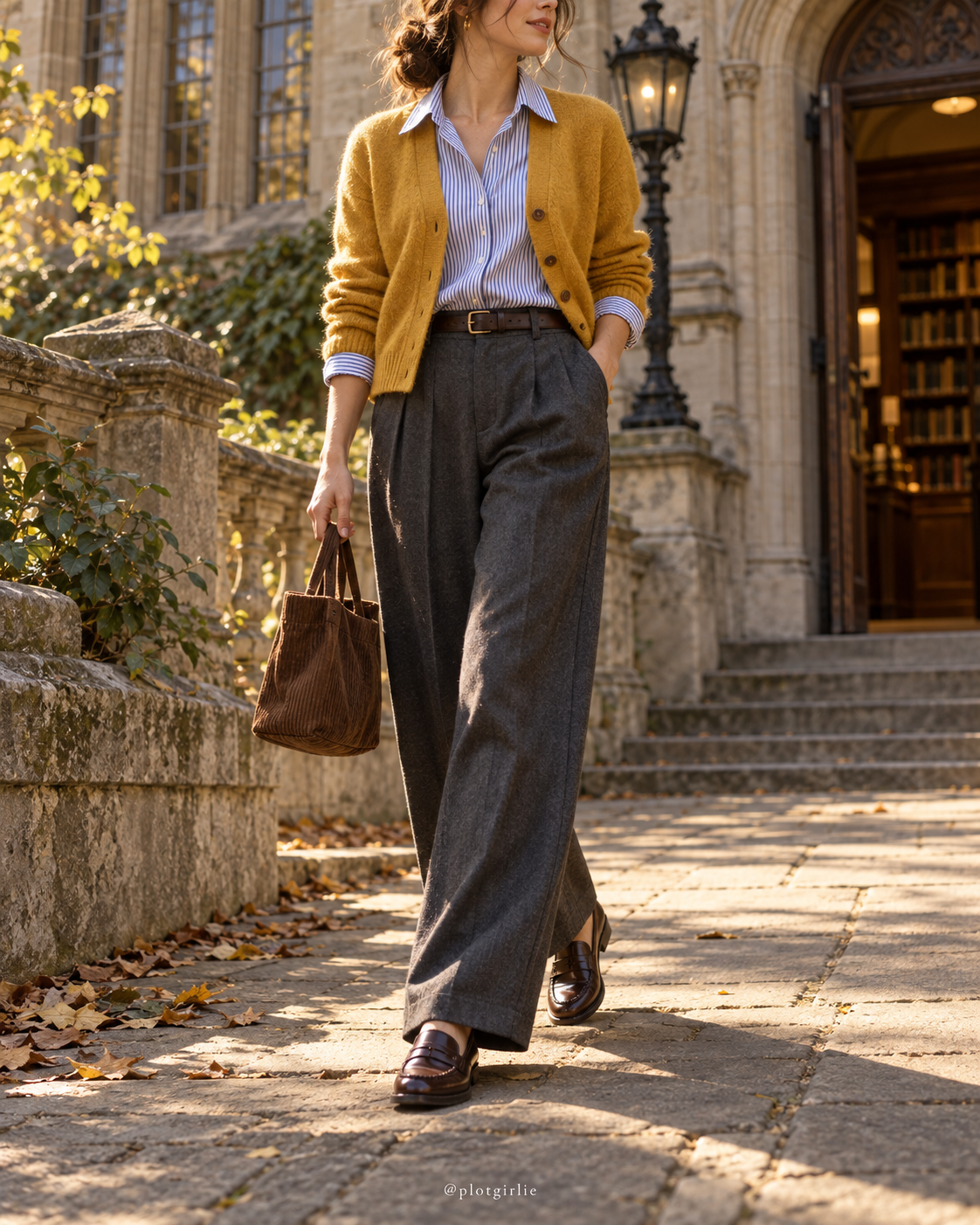 Mustard cardigan, blue collared shirt, charcoal trousers and brown loafers