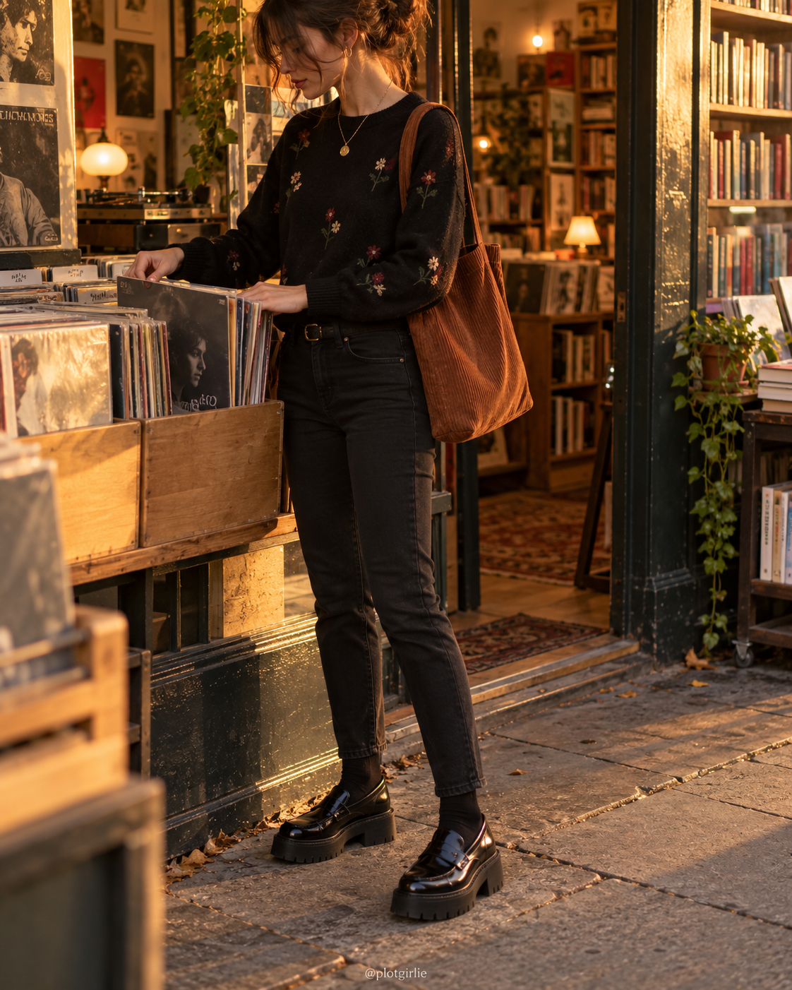 Black floral sweater, slim black jeans, black loafers and corduroy tote