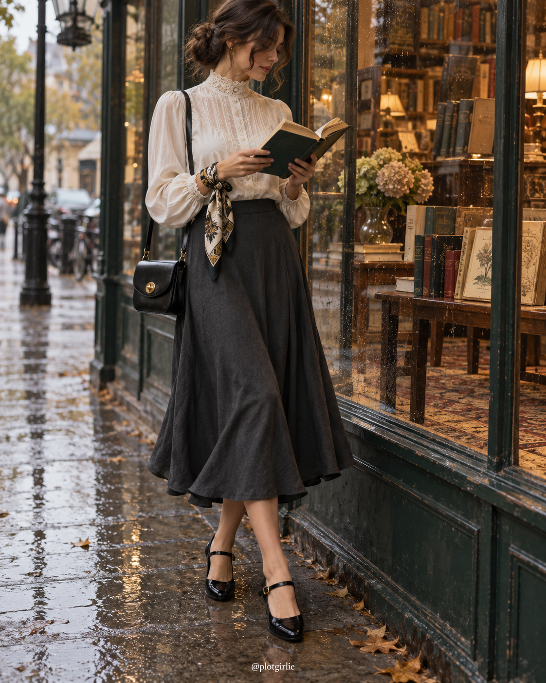 Ivory blouse, dark midi skirt, silk scarf at wrist and Mary Janes