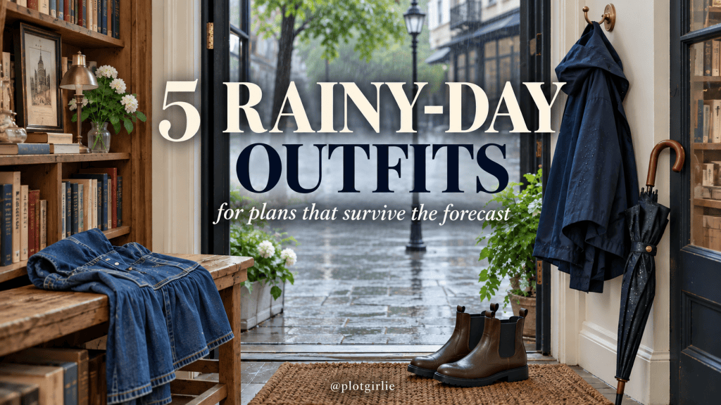 5 Rainy-Day Outfits editorial banner with a rain shell and bookstore doorway