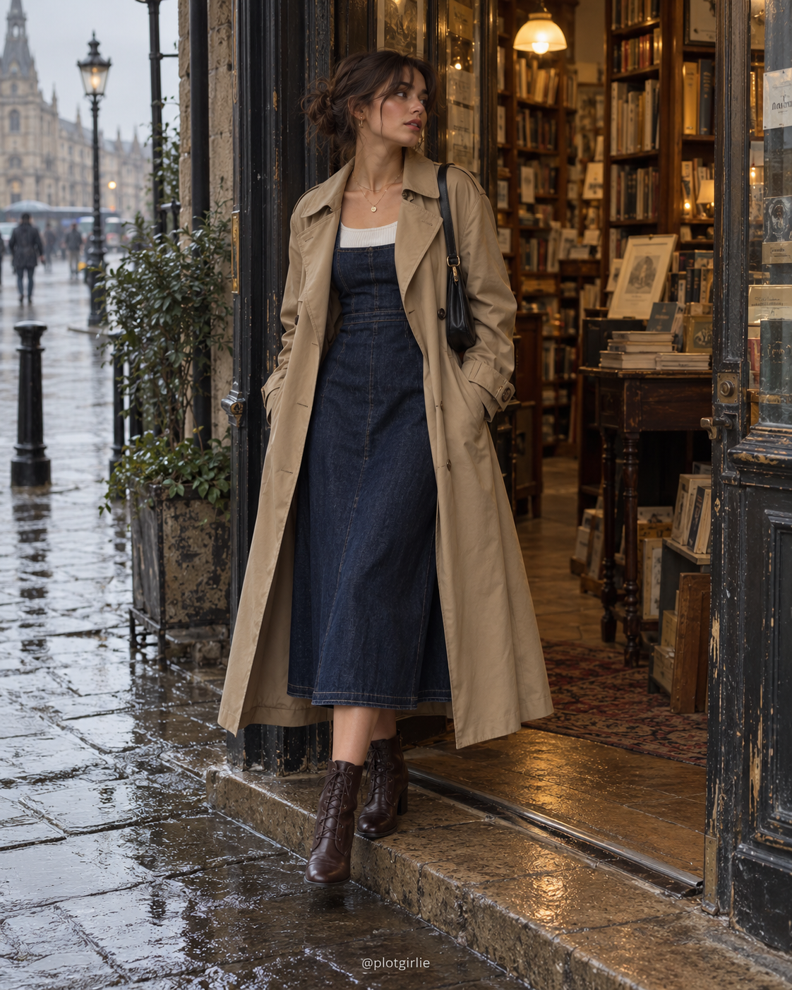 Beige trench over indigo denim midi dress with brown boots on wet pavement