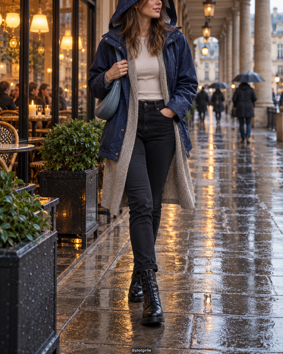 Navy hooded shell over grey cardigan and beige top with black jeans