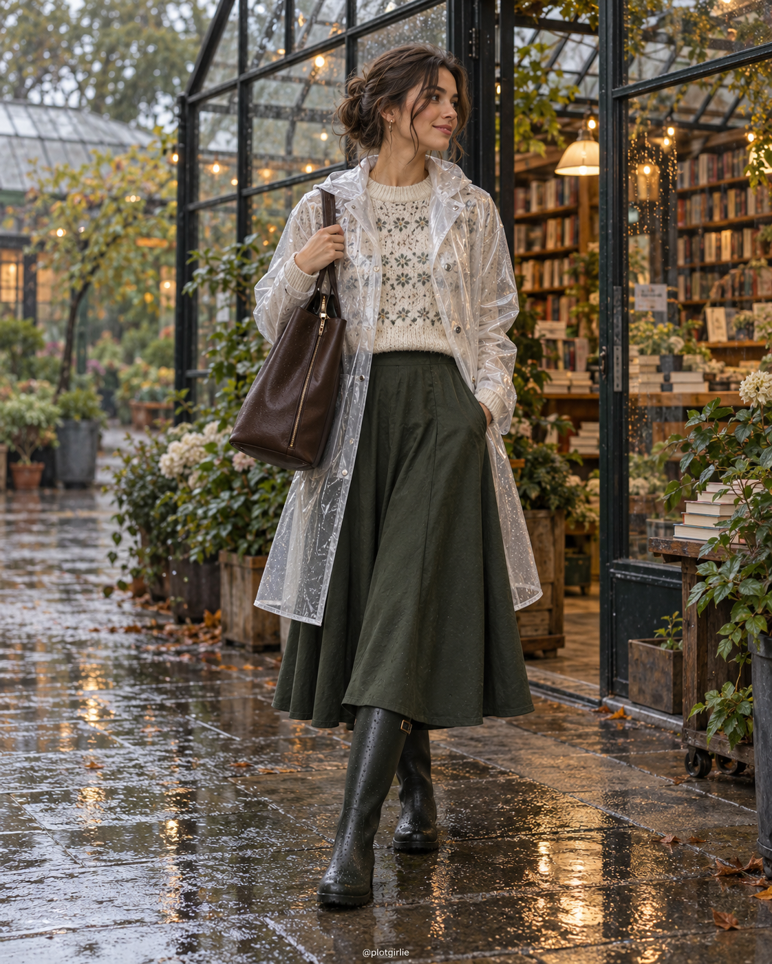 Transparent raincoat over patterned knit and green midi skirt with dark rain boots