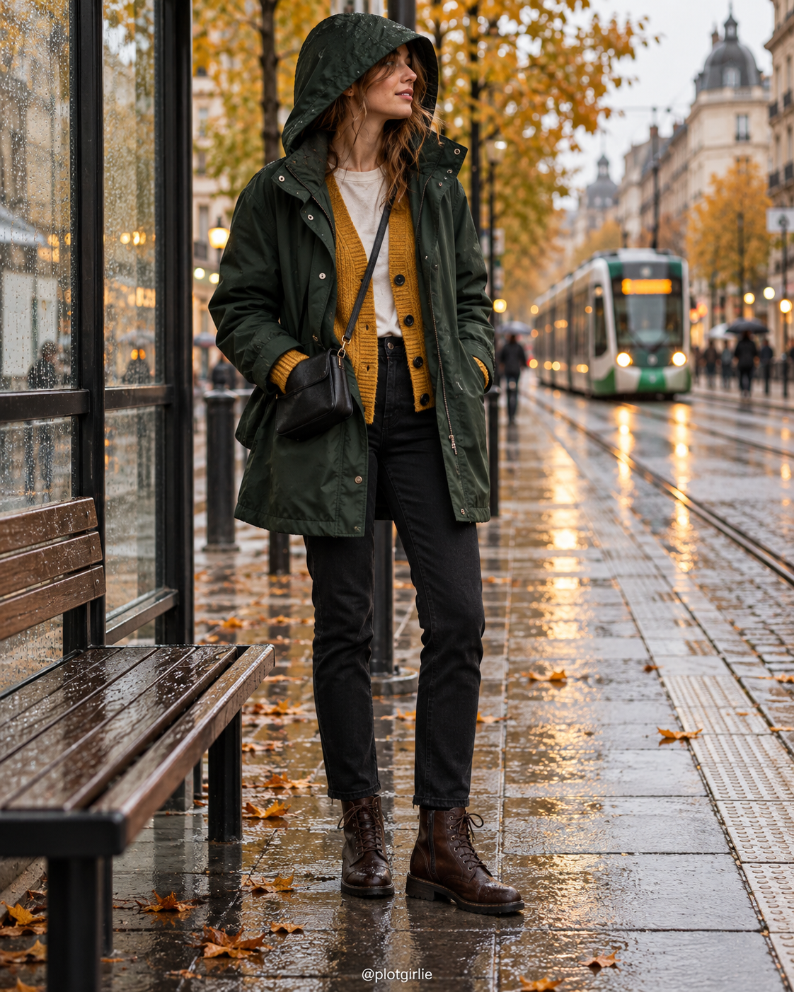 Forest-green hooded parka, mustard cardigan, black jeans and brown boots