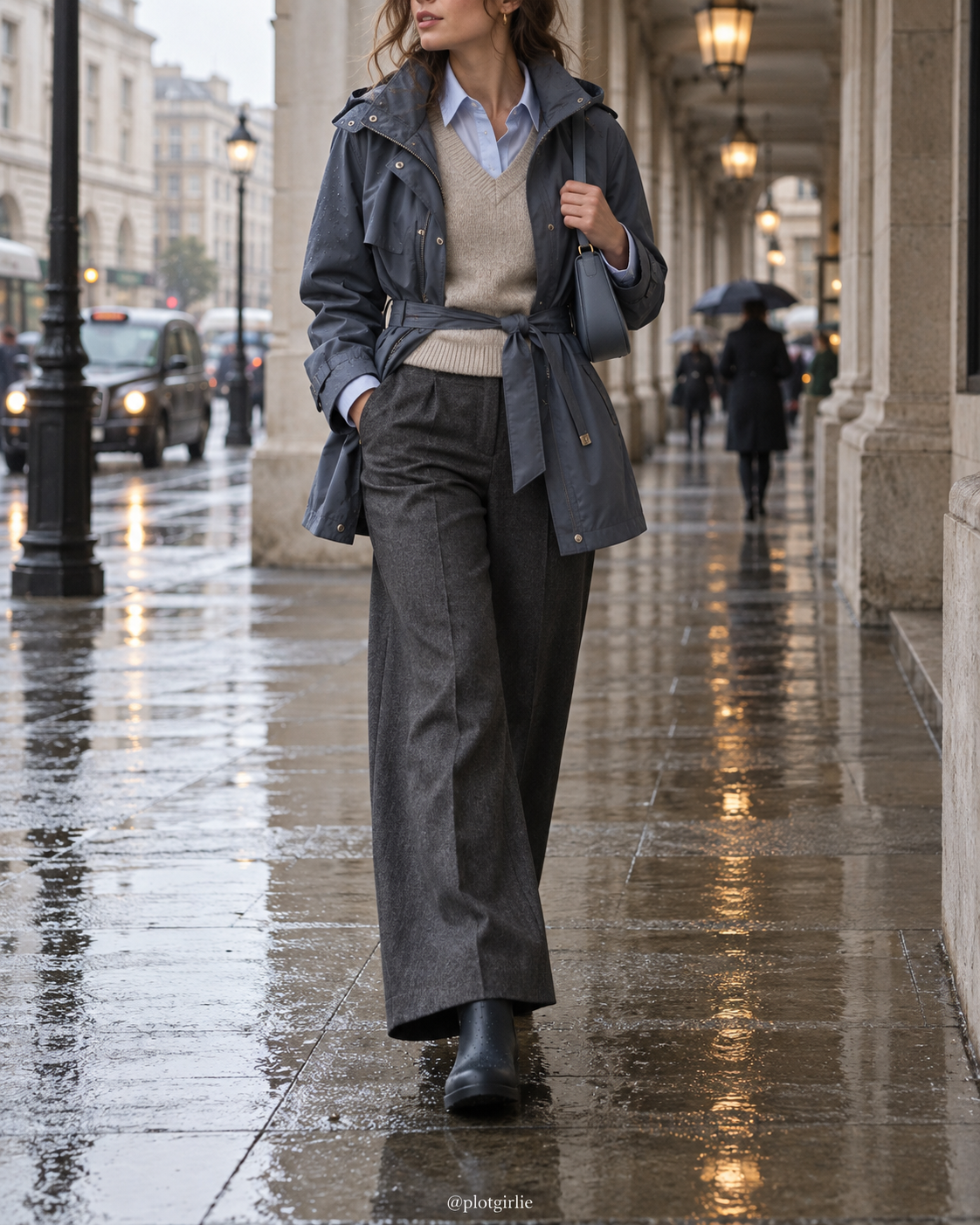 Slate belted jacket, oatmeal sweater vest, blue shirt and charcoal trousers