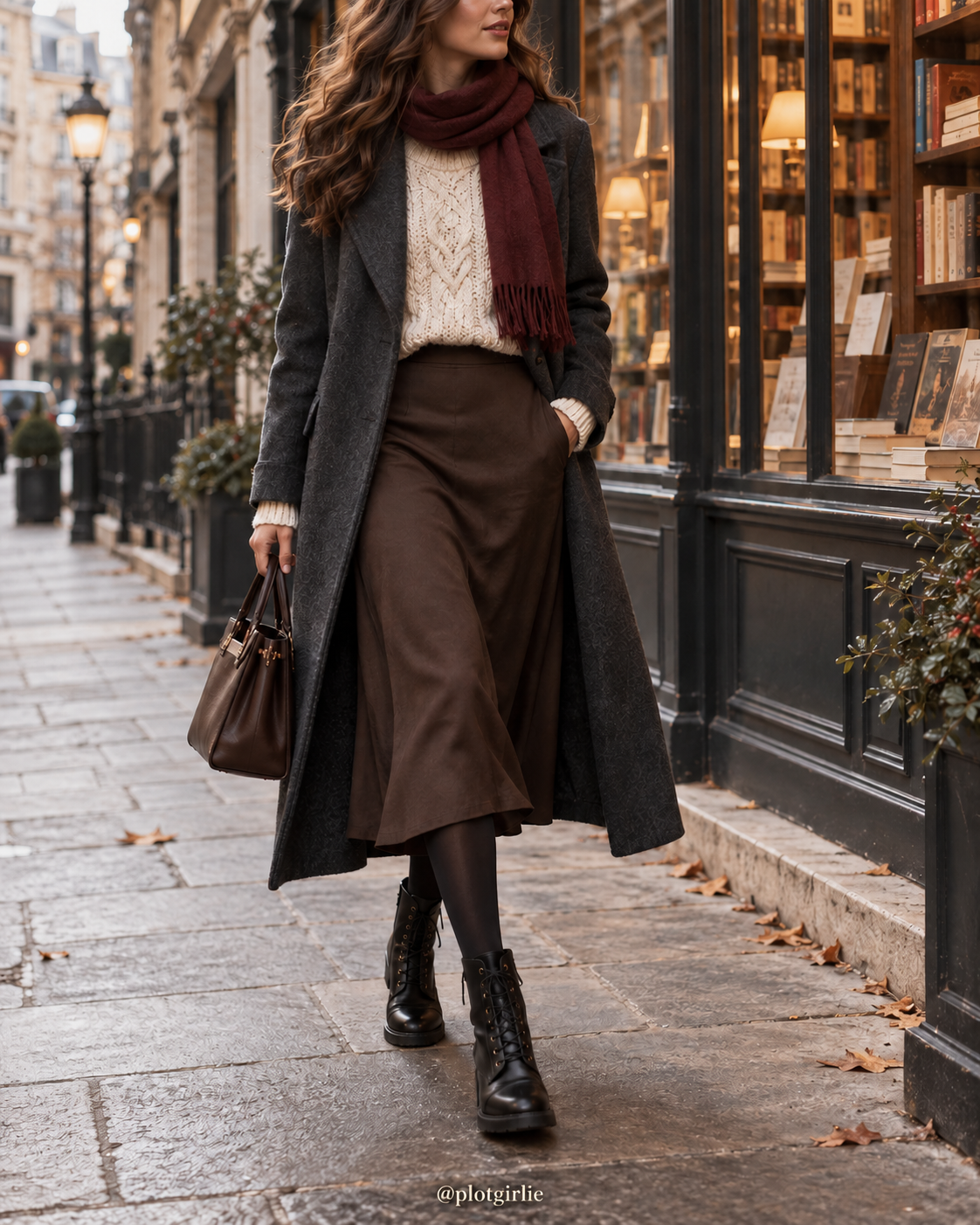 Dark long coat, cream knit, brown midi skirt, burgundy scarf and black boots