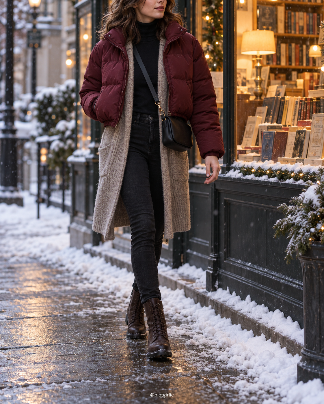 Cranberry puffer over long grey cardigan, black jeans and brown boots