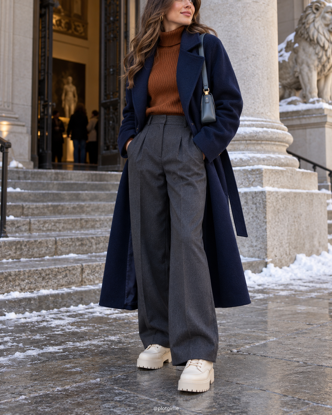Navy belted coat, cinnamon turtleneck, charcoal trousers and cream shoes