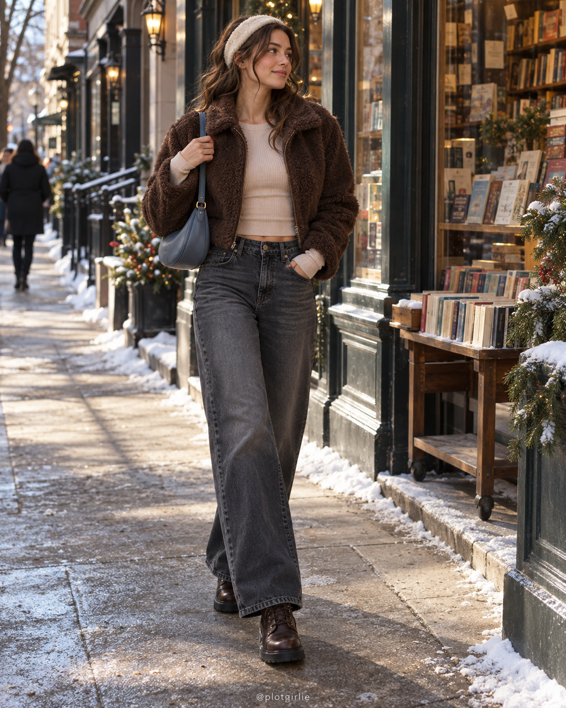 Chocolate cropped shearling jacket, beige top, charcoal jeans and brown boots