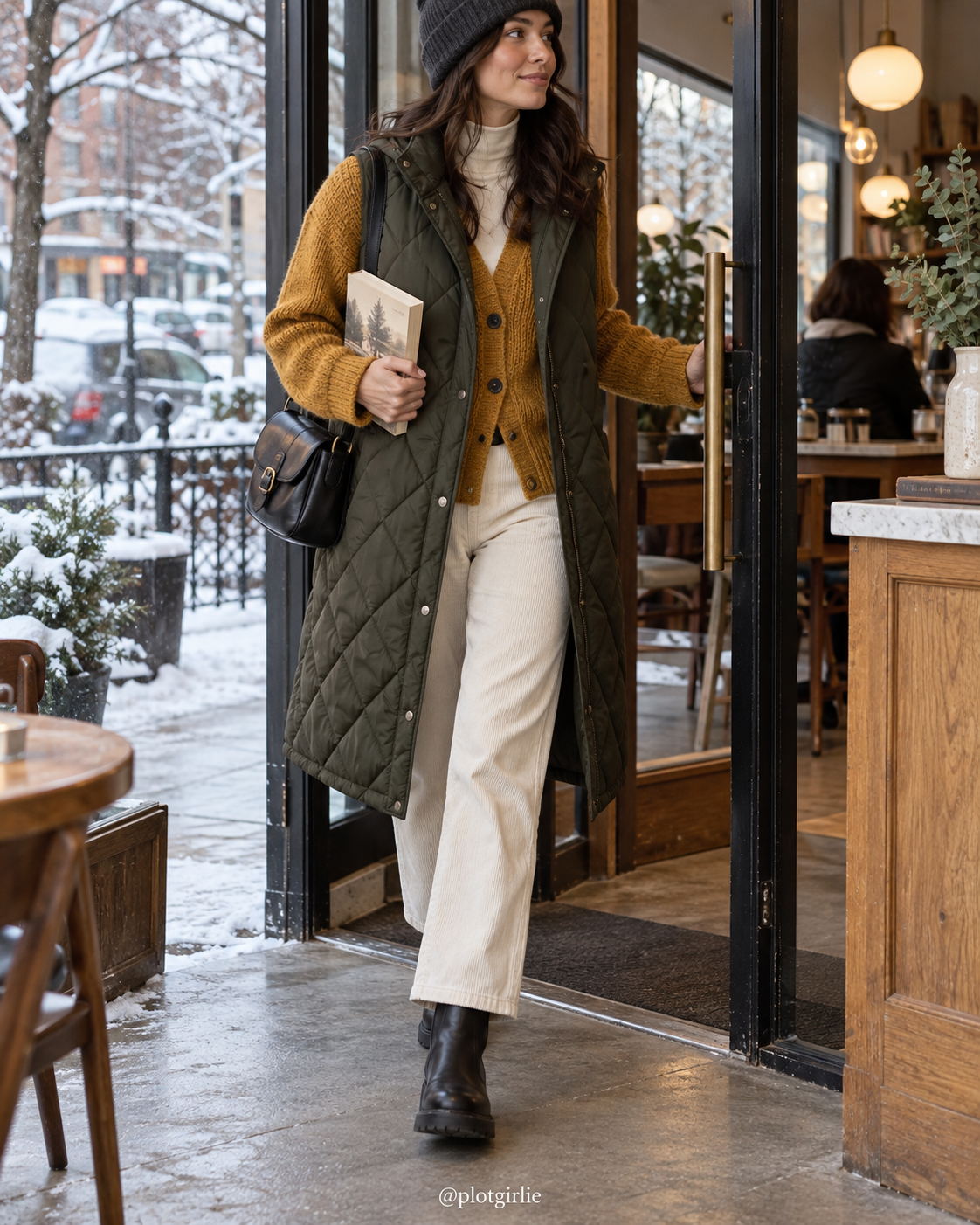 Olive quilted long vest, mustard cardigan, cream trousers and dark boots