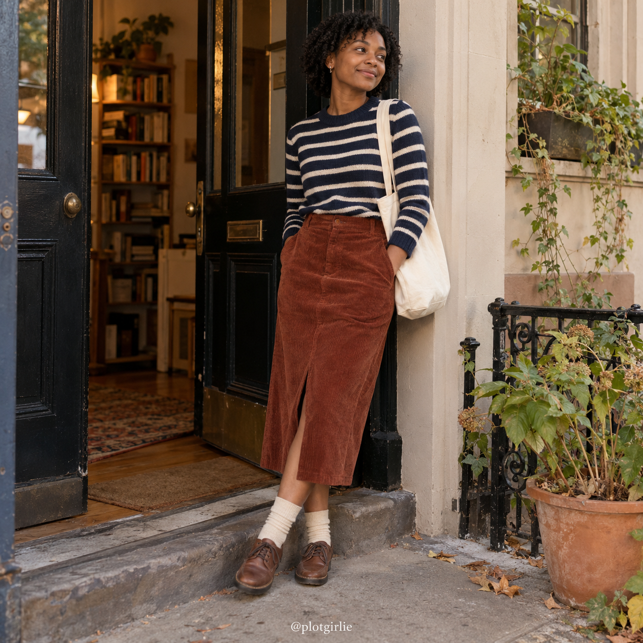 Navy stripes and rust corduroy for a living-room discussion.