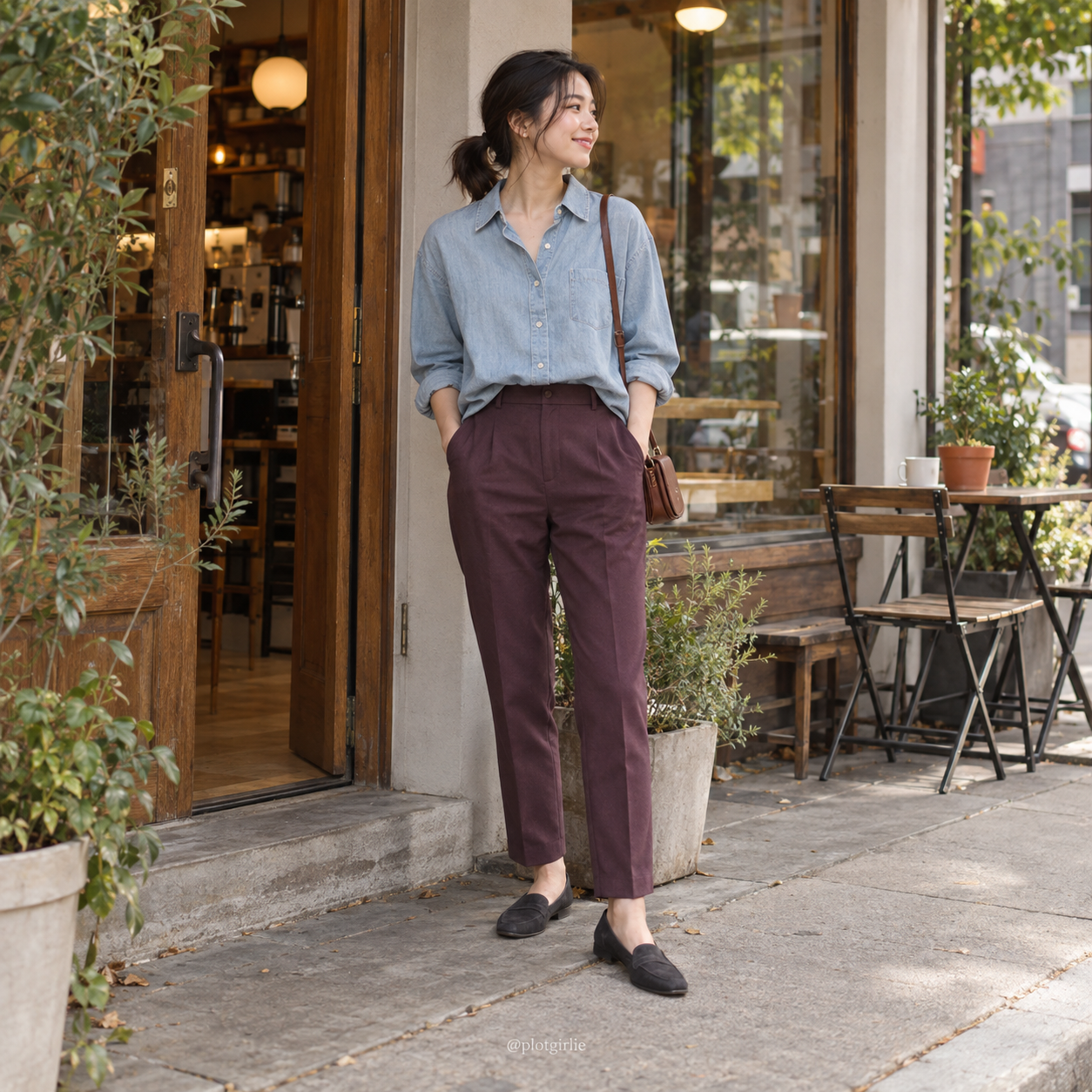 Denim and plum for the café table.