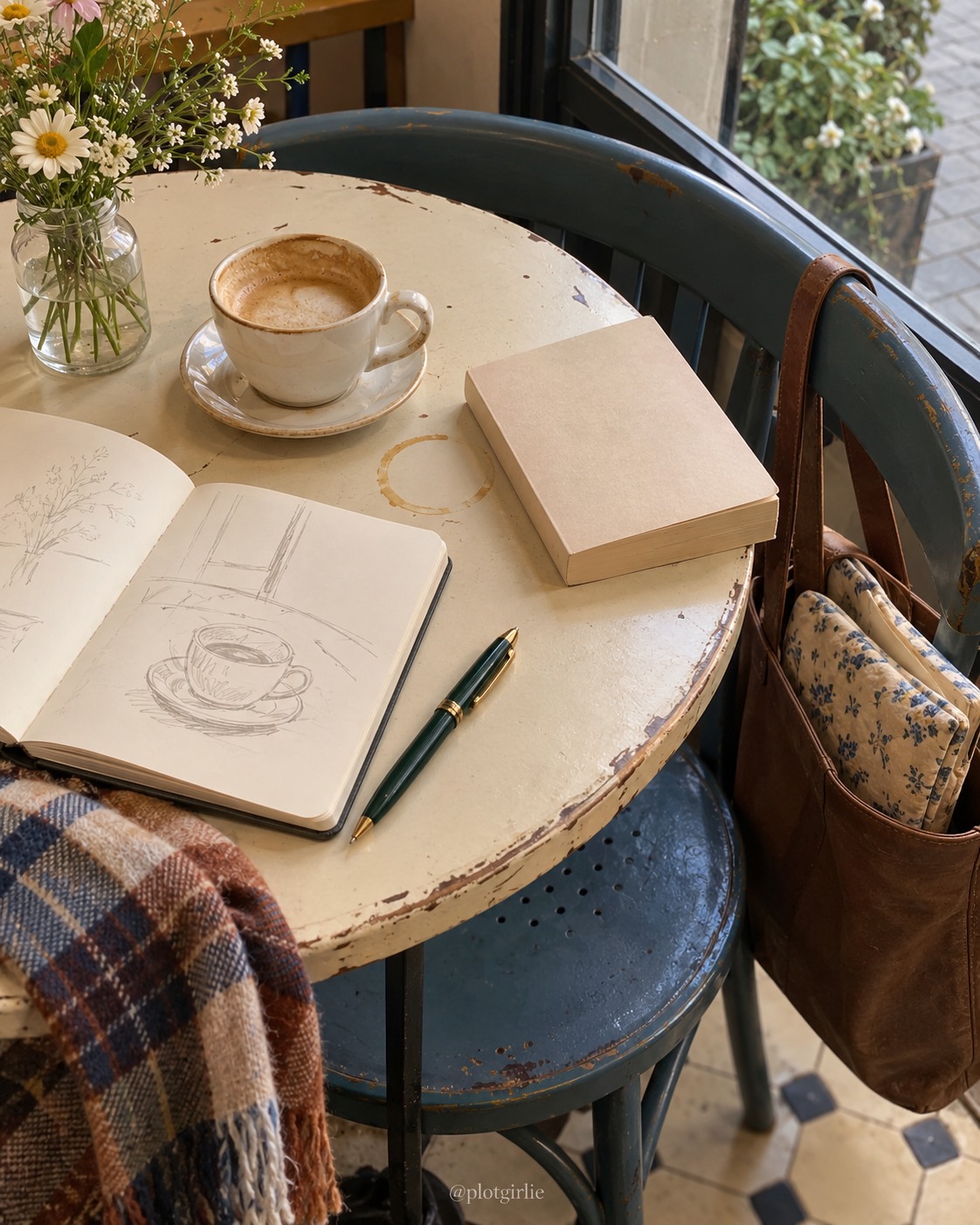 A book and notebook on an ordinary café table beside a small bag