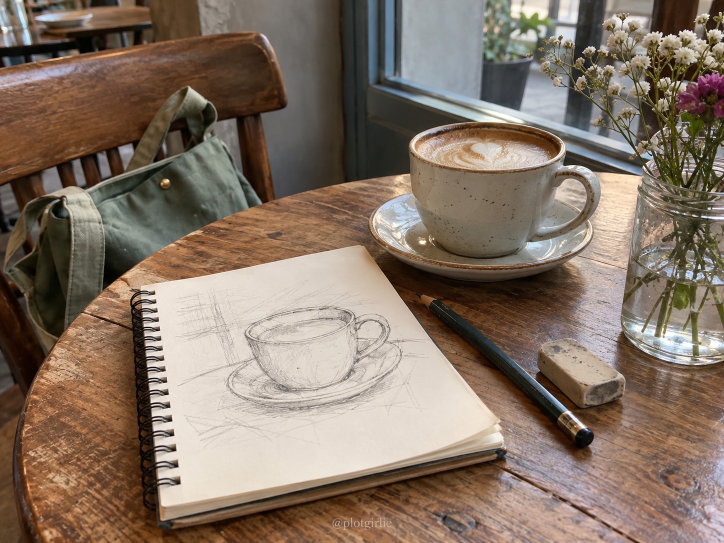 A rough mug sketch in a sketchbook on an ordinary café table