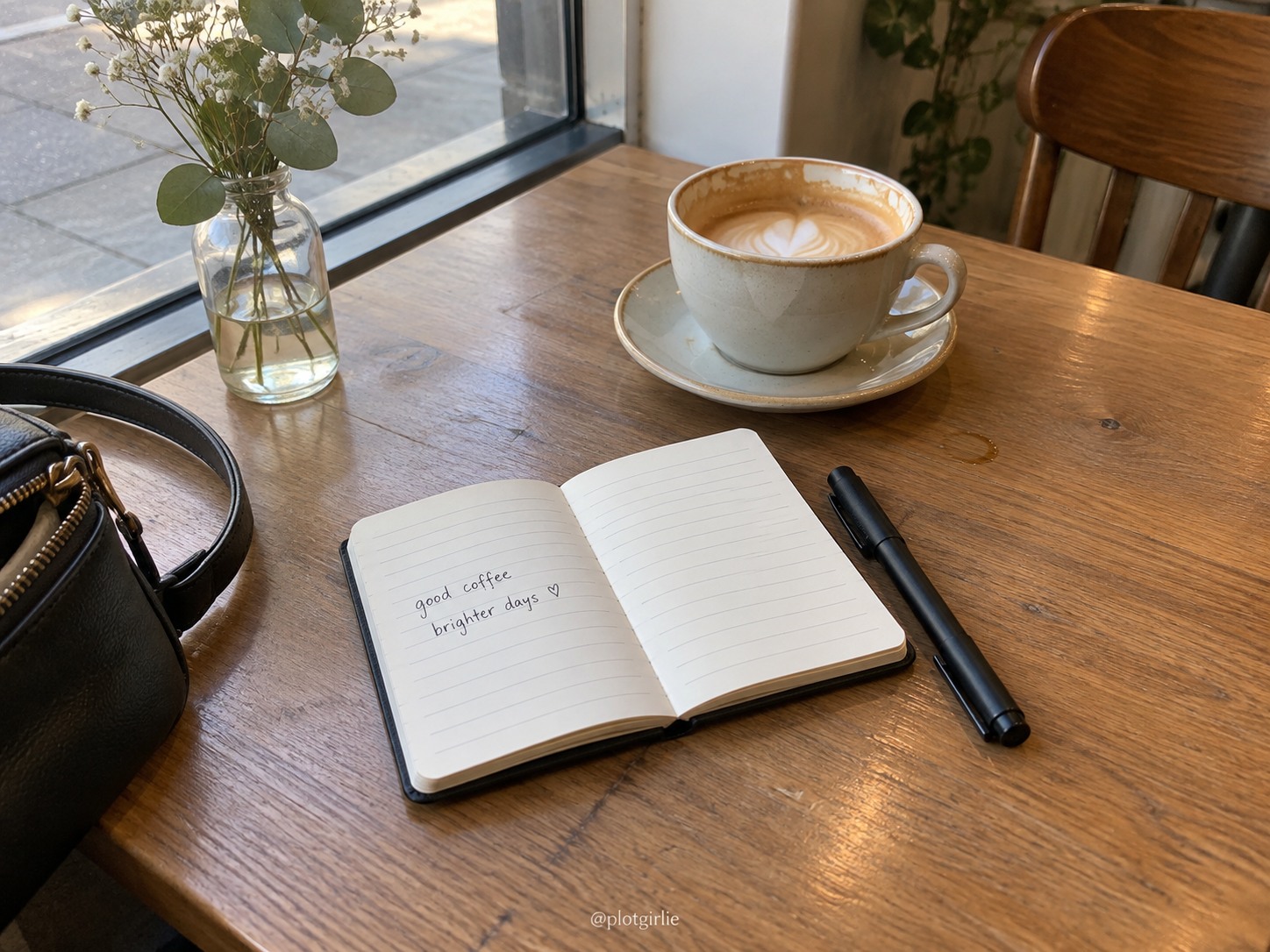 A pocket ruled notebook and one pen beside a café coffee