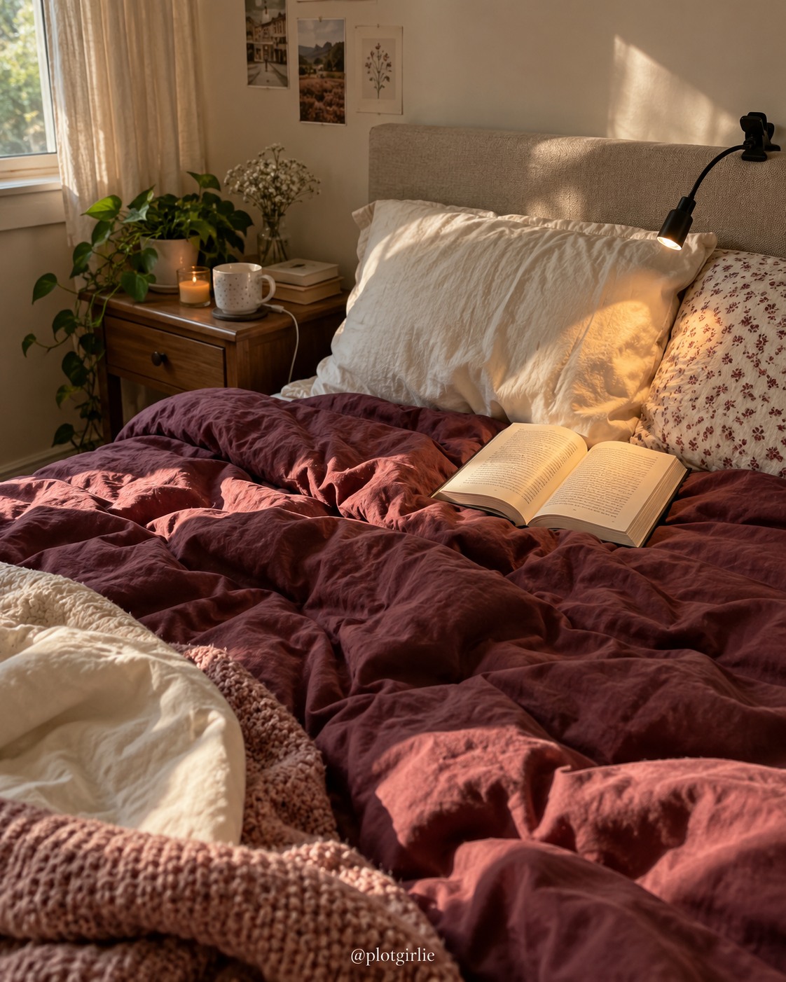 A lived-in bed with an open book and reading light