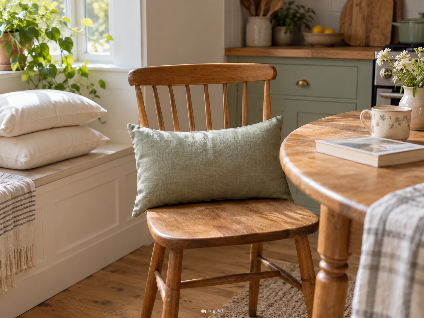 A kitchen chair with a sage lumbar cushion and two cream cushion inserts nearby