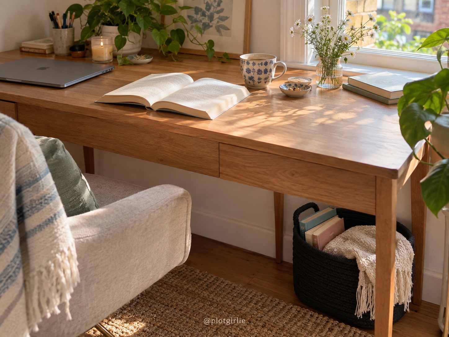 A clear desk with a book, closed laptop and a reading basket underneath