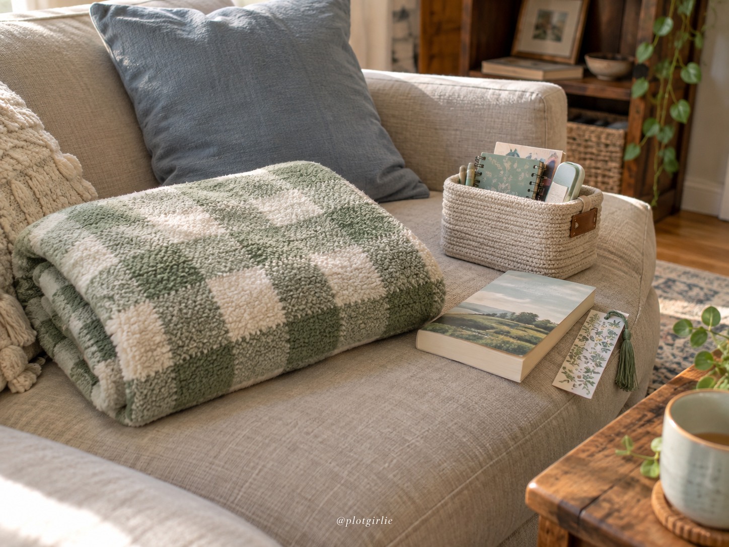 A sage checkered lap throw, paperback and small reading basket on a sofa