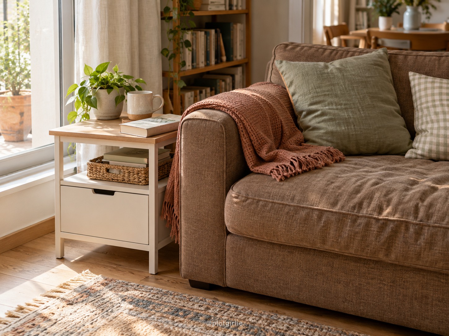 A sofa-end reading setup with a compact storage table, book and mug