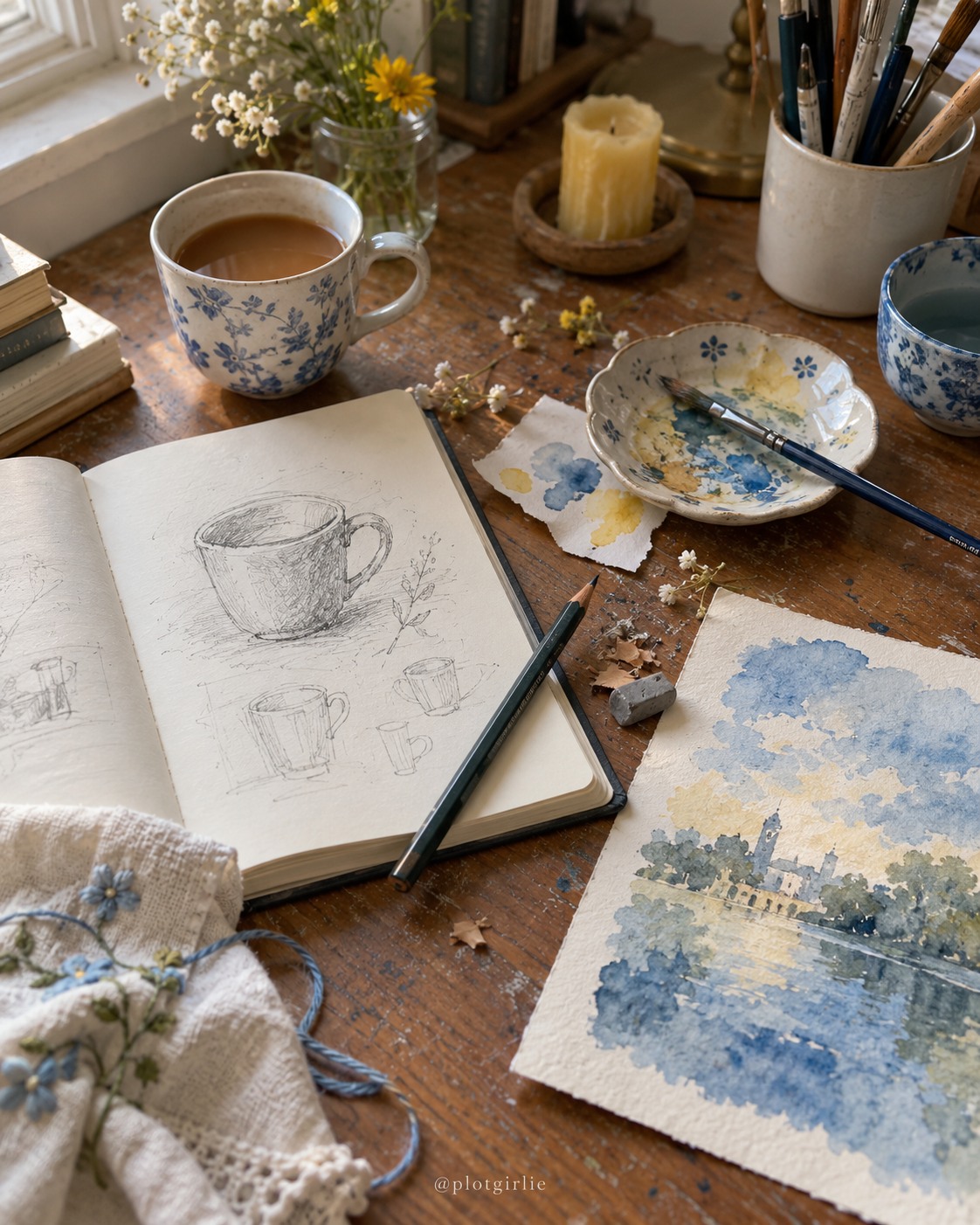 An informal sketchbook and watercolor practice on a worn wooden desk