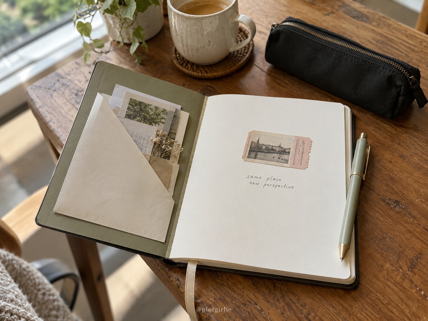 An open memory notebook with a saved ticket and a small black pouch