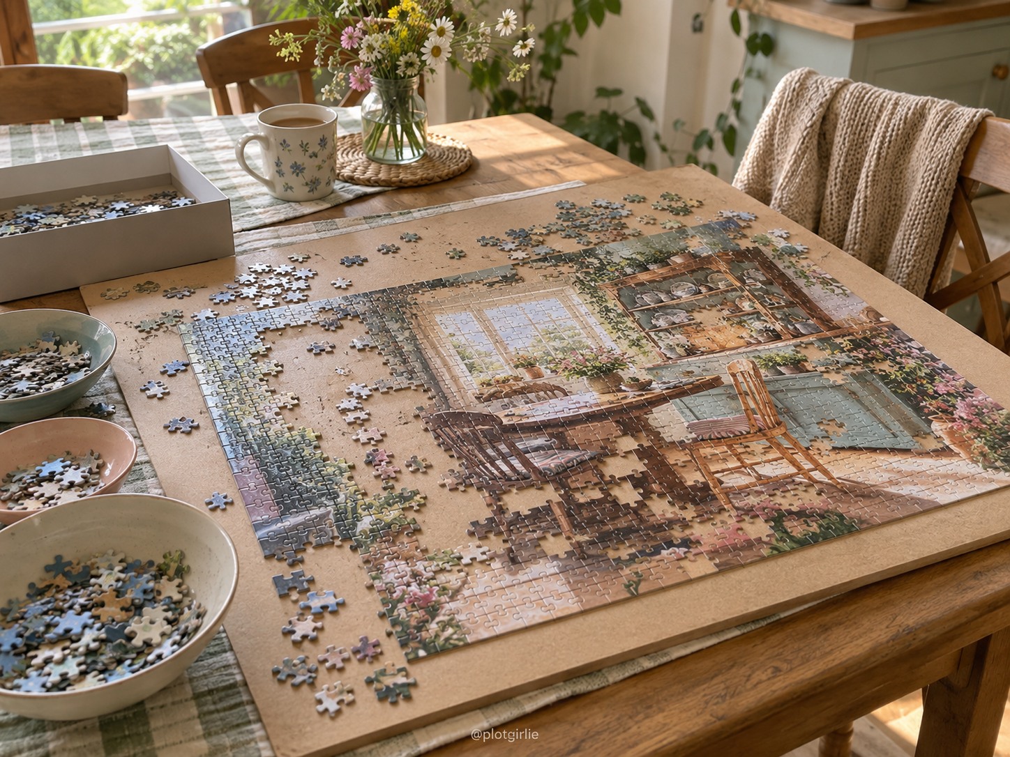 A partly completed cottage jigsaw on a large board with small sorting bowls