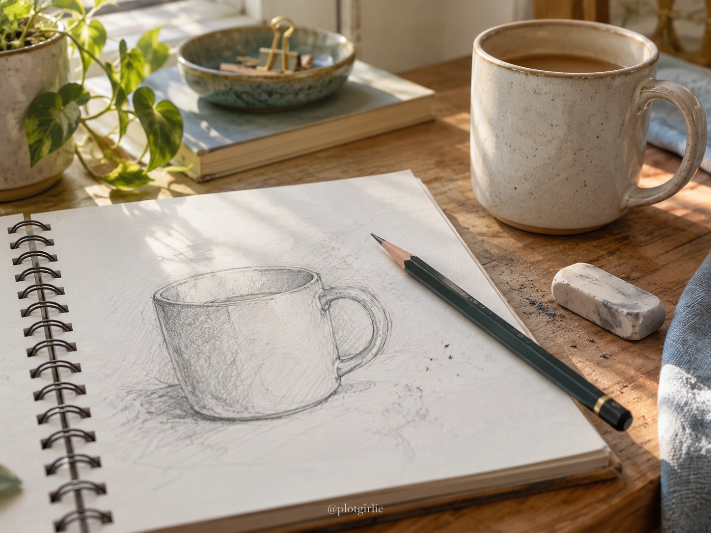 A pencil sketch of a mug in a physical sketchbook beside a pencil and eraser