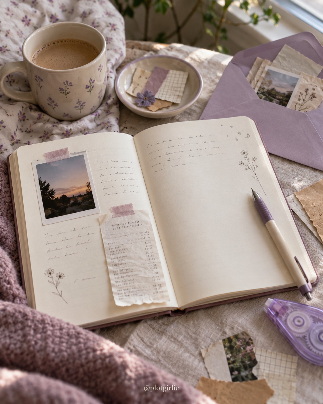 An informal journal spread with a photo, receipt and open space