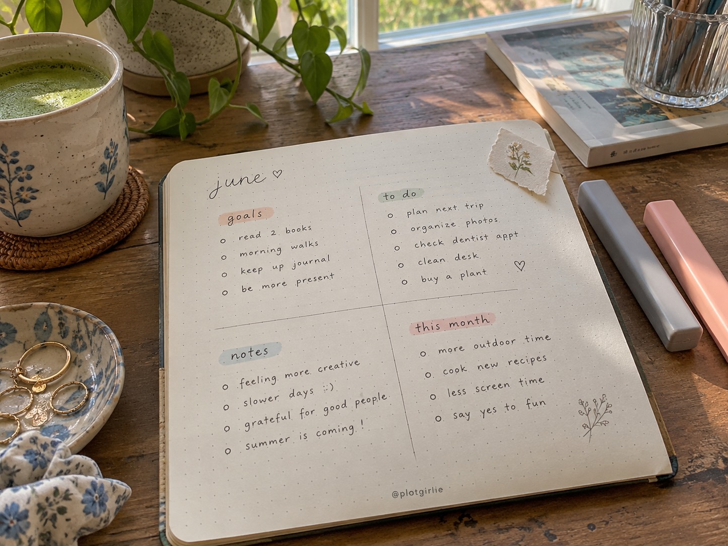 A notebook page divided into four small monthly notes with pastel highlighters