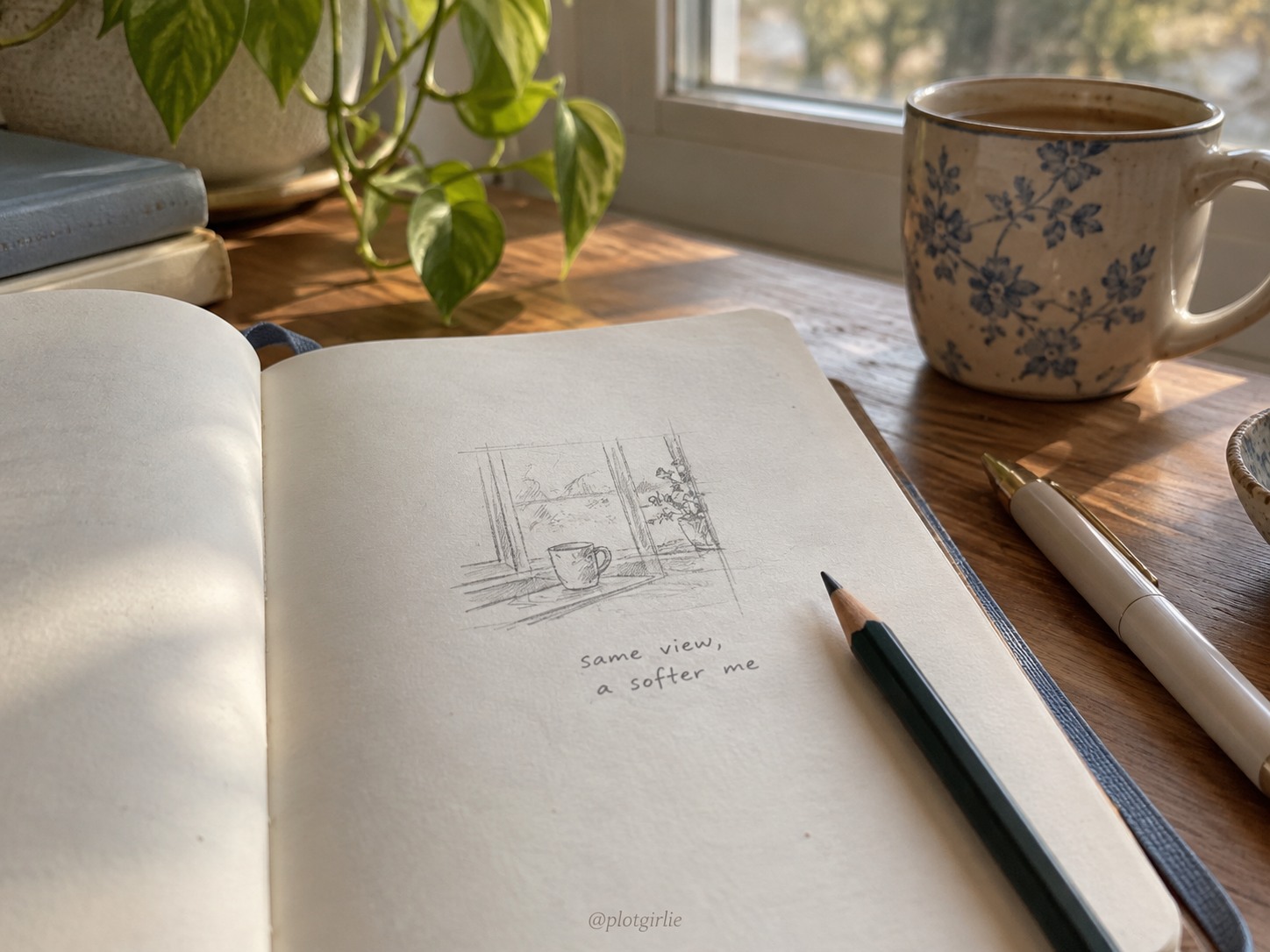 A mostly empty journal with a small pencil sketch of a mug and window