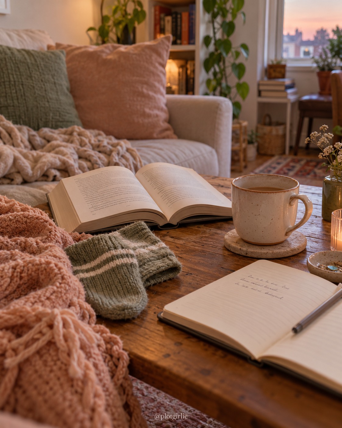 An open book, tea and notebook beside a casually rumpled sofa
