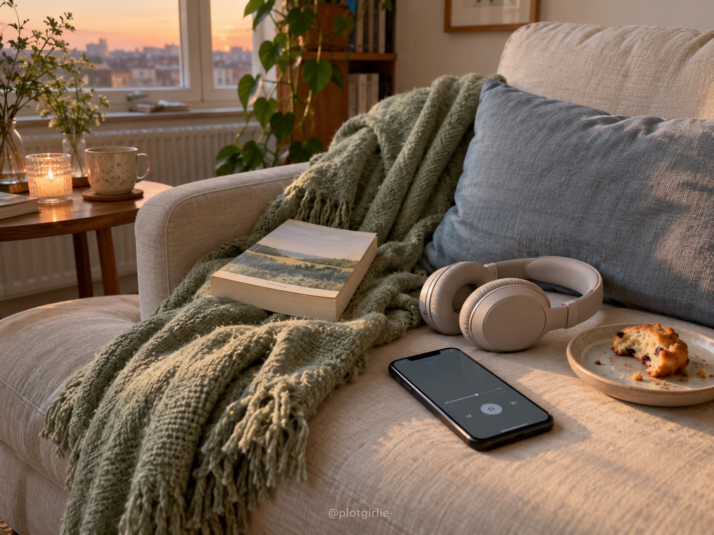 A paperback, headphones and a snack on a lived-in sofa