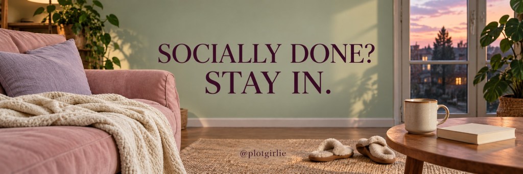 Socially Done? Stay In: soft sage and blush banner with a lavender cushion and cozy sofa in natural light.