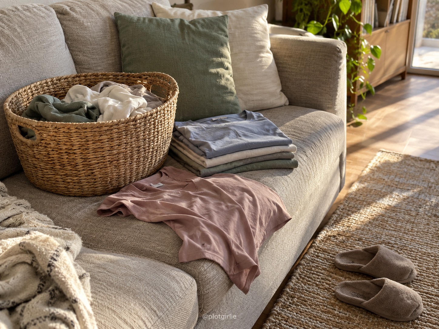 A laundry basket, partly folded clothes and taupe house slippers beside a sofa