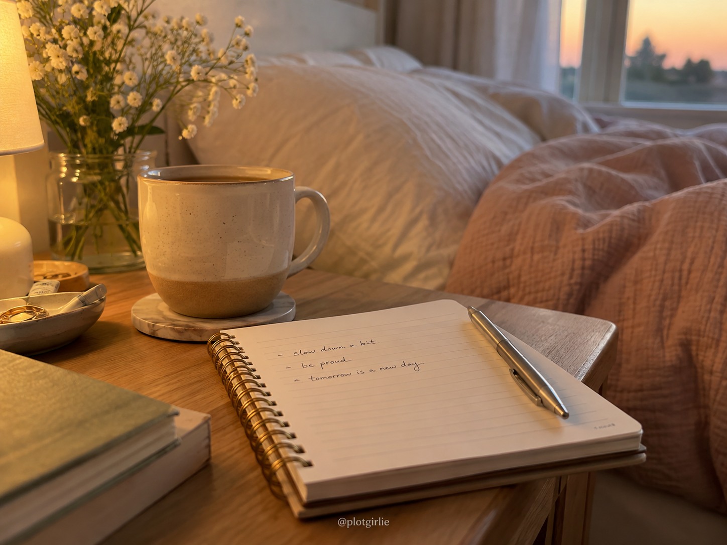 A short handwritten evening note with a pen and mug beside a bed