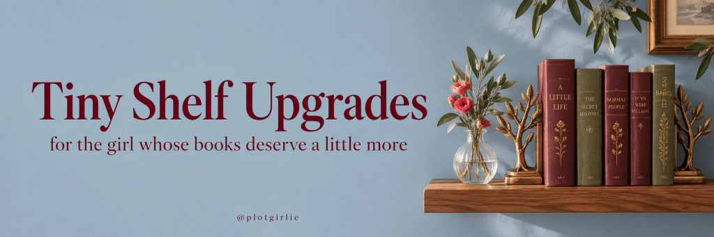 Tiny Shelf Upgrades banner with burgundy lettering, a blue wall and naturally lit books