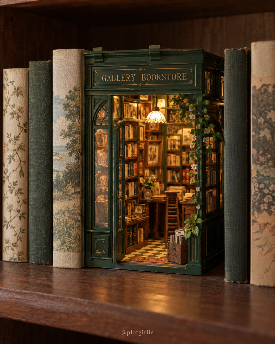 Green miniature bookstore book nook tucked between novels on an oak shelf