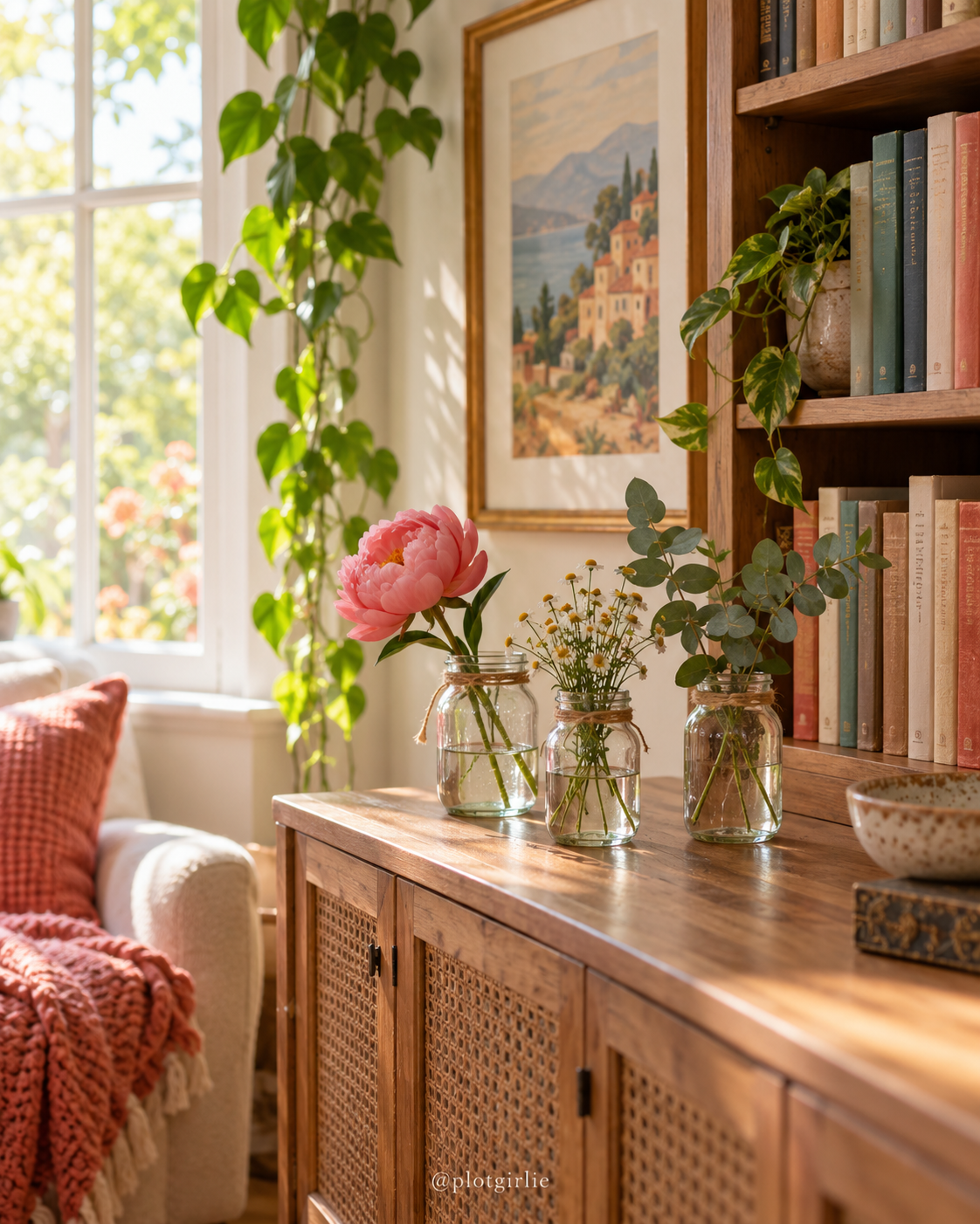 Three small clear mason-jar-style vases with sparse flowers on a sideboard beside books